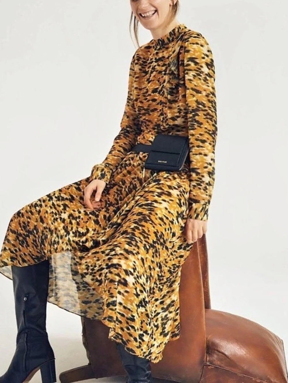 Whistles Midi Dress Animal Print in Brown & Yellow